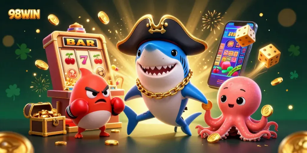 Spin and win with 98WIN at the slot machine, featuring vibrant characters and casino elements.