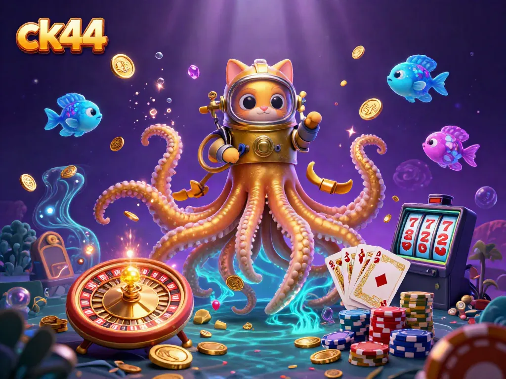 Engage with ck44, featuring a 3D kraken, diving cat, and dynamic casino elements in action.