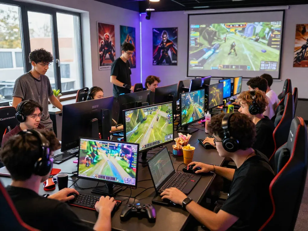 Gamers engaging in lively online gaming at warung168, surrounded by vibrant game graphics and snacks.