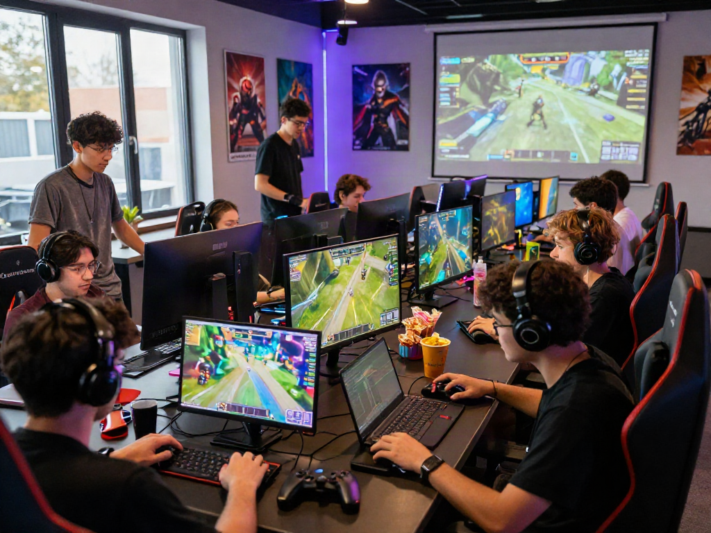 Gamers engaging in lively online gaming at warung168, surrounded by vibrant game graphics and snacks.