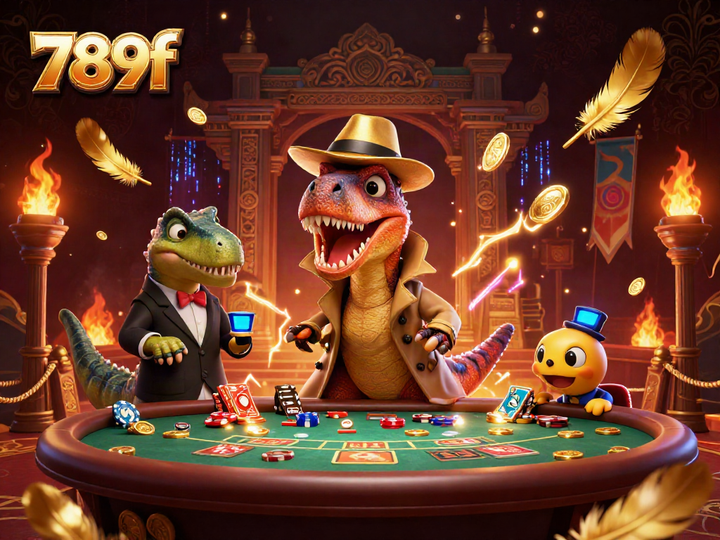 Experience intense gameplay at 789f as a cartoon velociraptor counters cards, blending fun and poker strategy.