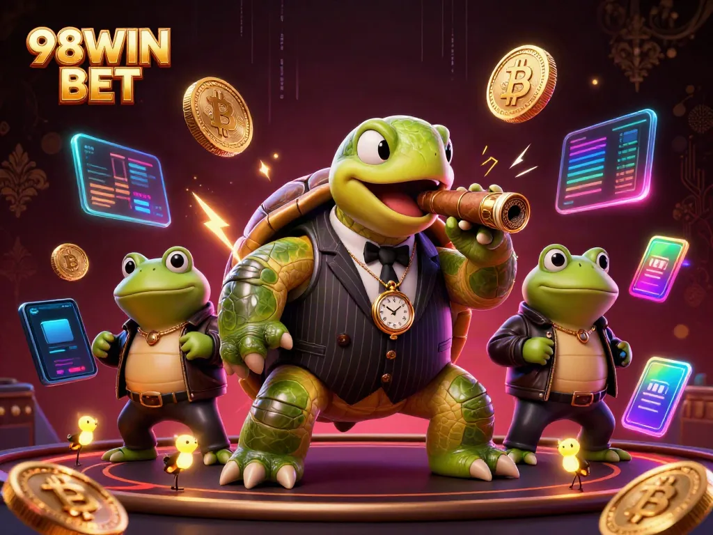 Engage with 98WIN BET's vibrant casino scene, featuring unique characters amidst glowing crypto elements.