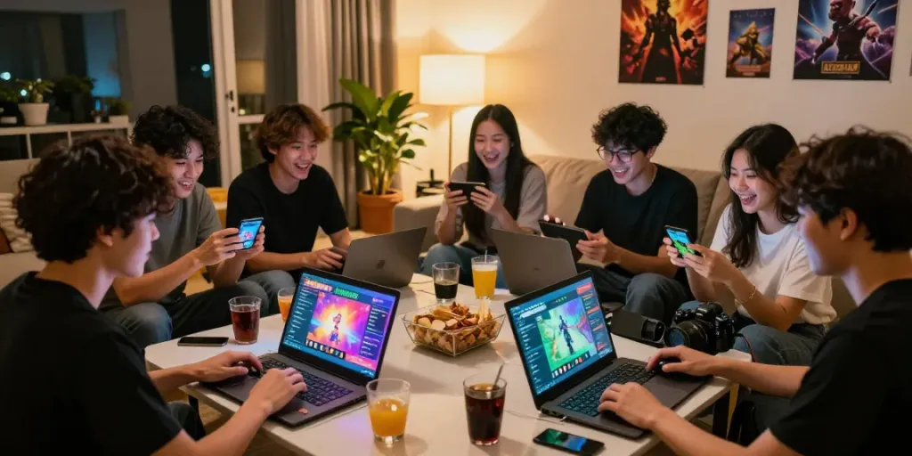 Friends enjoying lumbung88 online gaming together in a cozy living room.