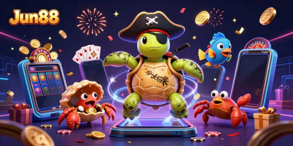Experience exciting gaming with Jun88 featuring vibrant casino gameplay elements and animated sea creatures.