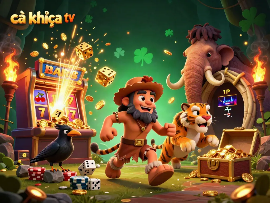 Join the excitement of cà khịa tv with cavemen and a sabertooth at a vibrant ancient casino!