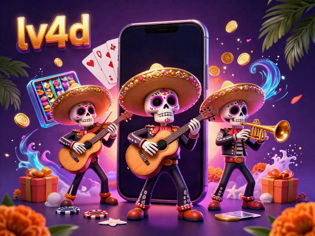 Experience vibrant lv4d gaming with a Day of the Dead mariachi band and casino elements.