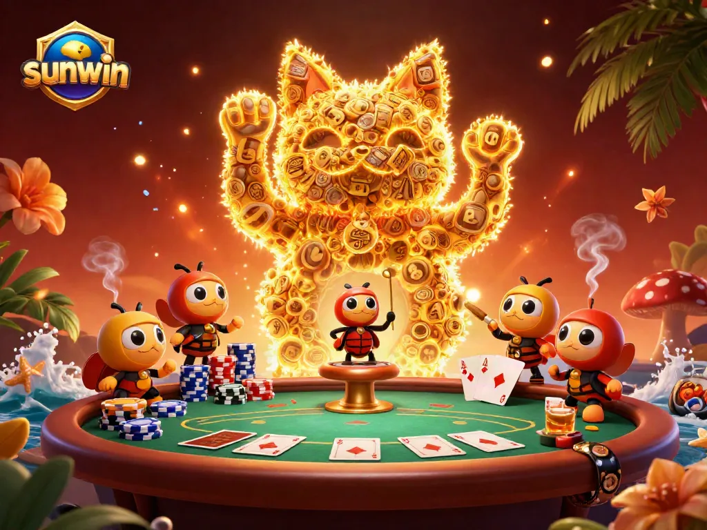 Experience the excitement of sunwin as golden fireflies create a lucky cat amidst vibrant casino elements.