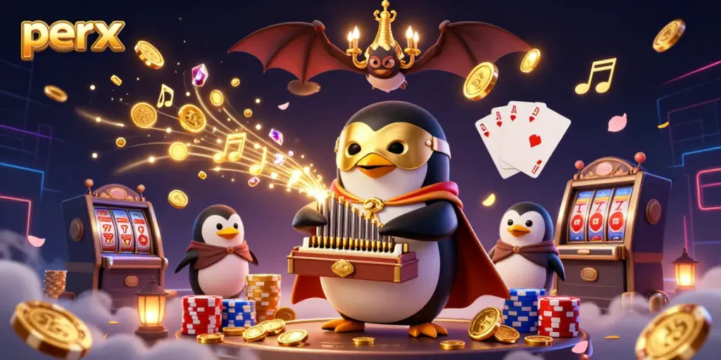 Win big with perx as a cartoon penguin plays an organ shooting coins amidst a lively casino scene.