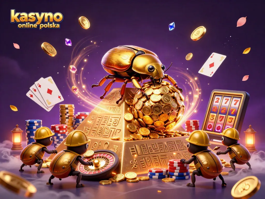 Experience kasyno online polska with a vibrant scene featuring golden coins, beetles, and casino elements.