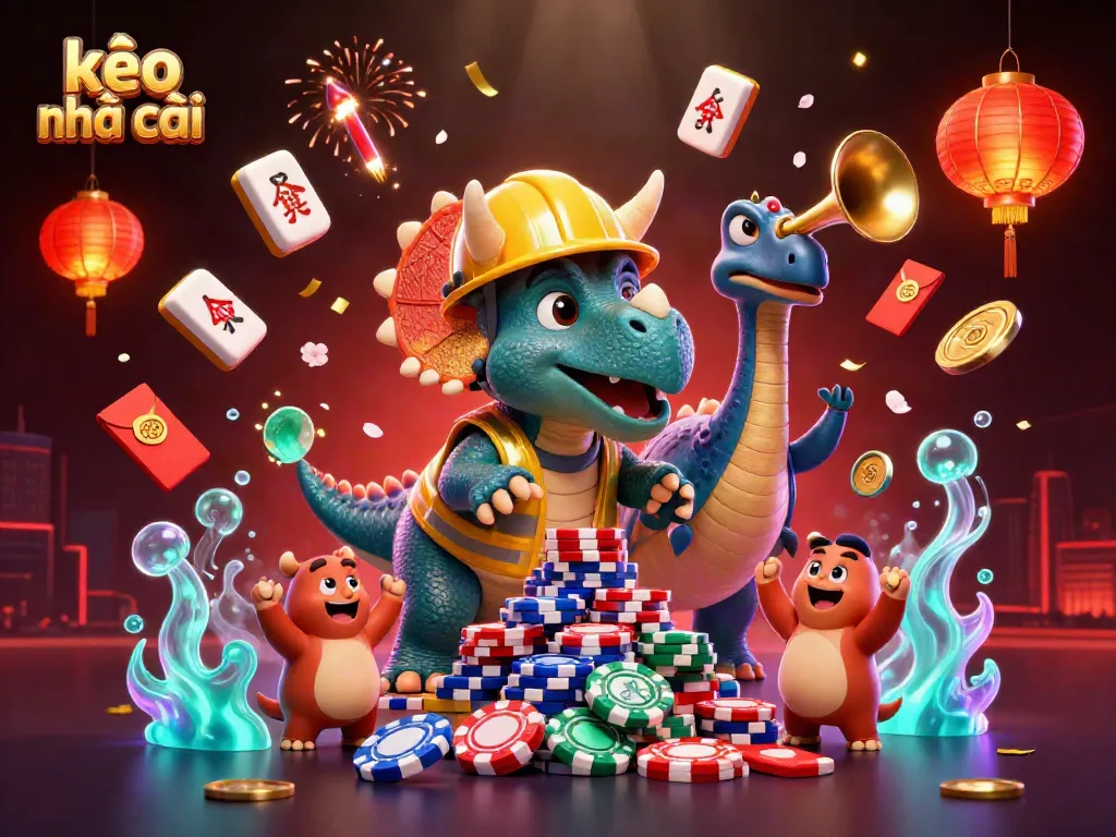 Kèo nhà cái betting scene with cartoon dinosaurs, poker chips, and festive elements.