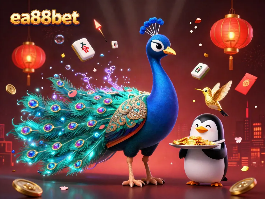 Experience thrilling gaming action at ea88bet with a vibrant casino scene featuring a peacock, penguin, and hummingbird.