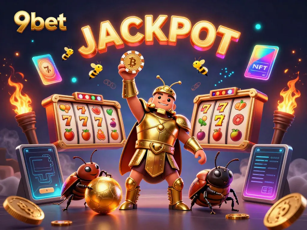 Experience the thrill of 9bet with a victorious hercules beetle in a dynamic casino scene.