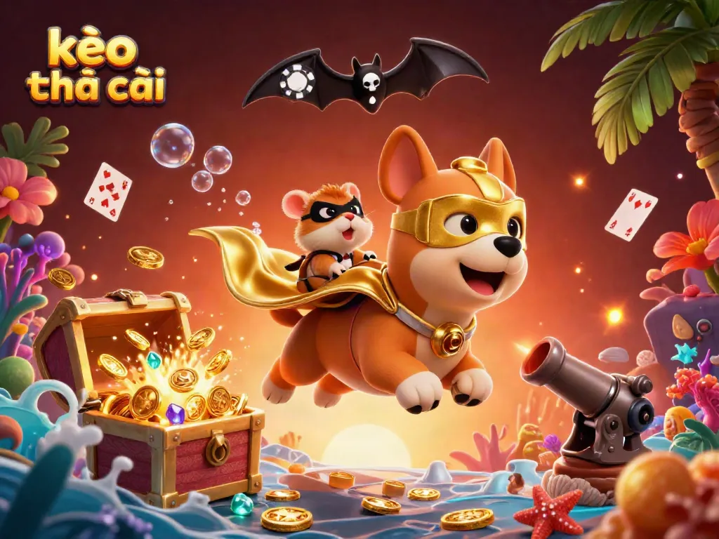Engage in kèo nhà cái action with a dynamic scene featuring a superhero dog and hamster amid colorful casino elements.
