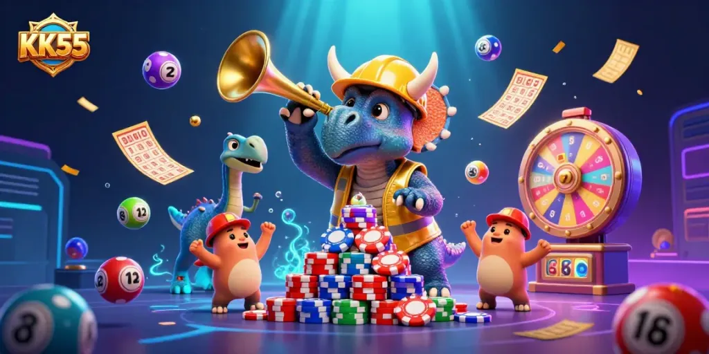 Experience the excitement of KK55 with vibrant 3D visuals of gaming characters and elements.
