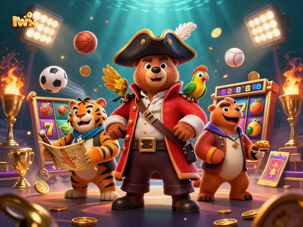 IWIN showcases an adventurous scene with a pirate-themed illustration featuring a bear and tiger navigating a treasure map amidst slots and sports.