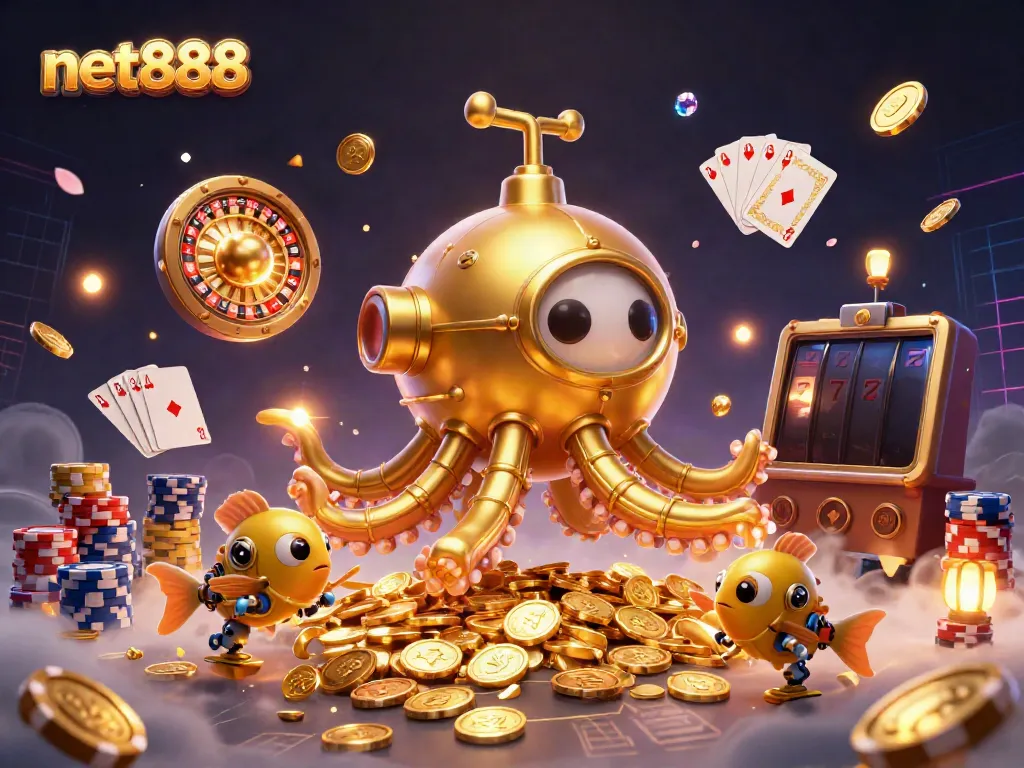 Experience the thrill of net888 with a vibrant 3D illustration featuring a golden kraken and casino elements.