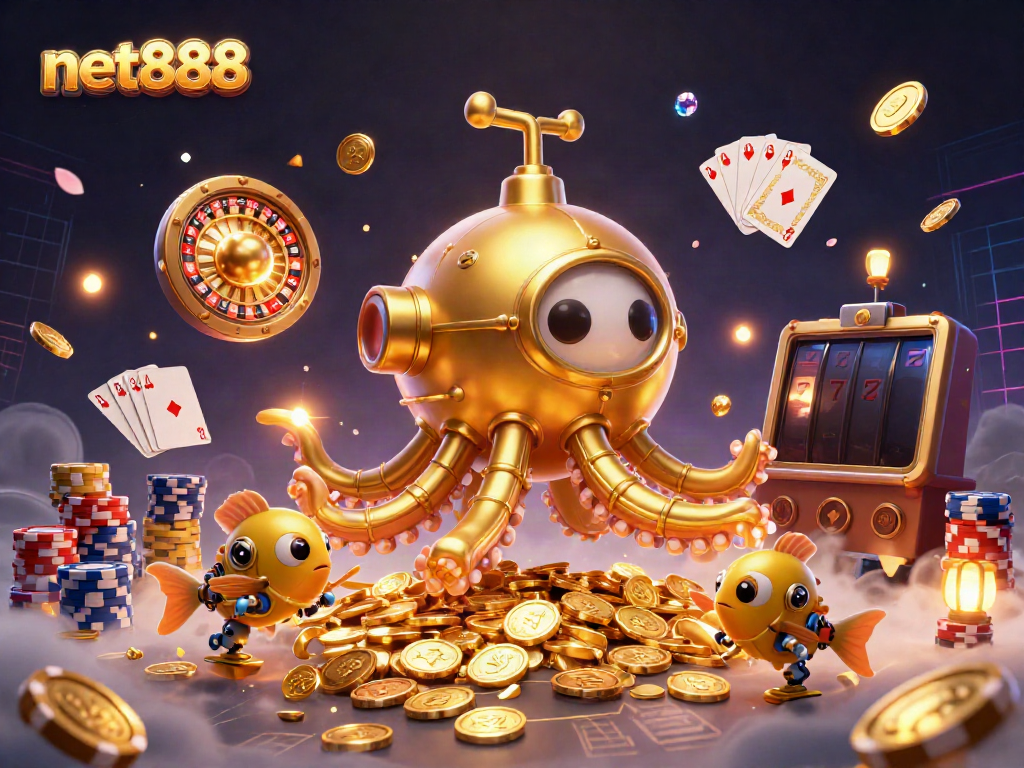Experience the thrill of net888 with a vibrant 3D illustration featuring a golden kraken and casino elements.