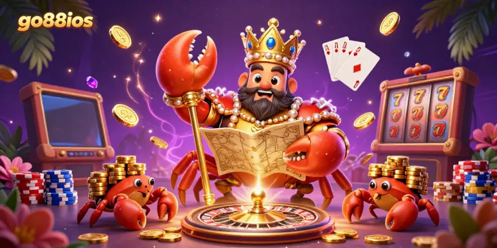 Play big with go88ios at this vibrant casino scene featuring a golden crab emperor and treasure.