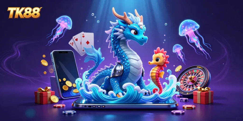 Winning big with TK88: an enchanting underwater scene showcasing a water dragon and casino elements.