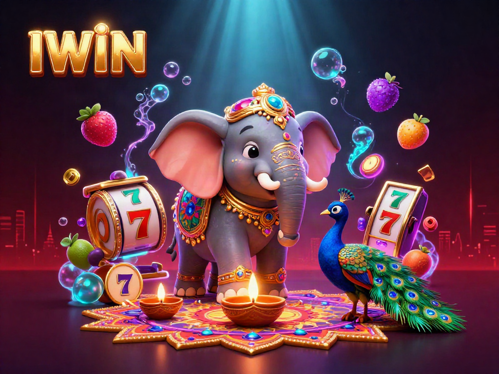 IWIN features an animated scene with a colorful elephant and festive elements celebrating online gambling excitement.