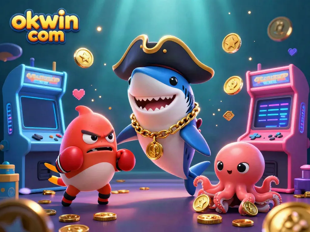 Bet on excitement with okwin com featuring a pirate shark, pufferfish, and octopus in a vibrant casino scene.