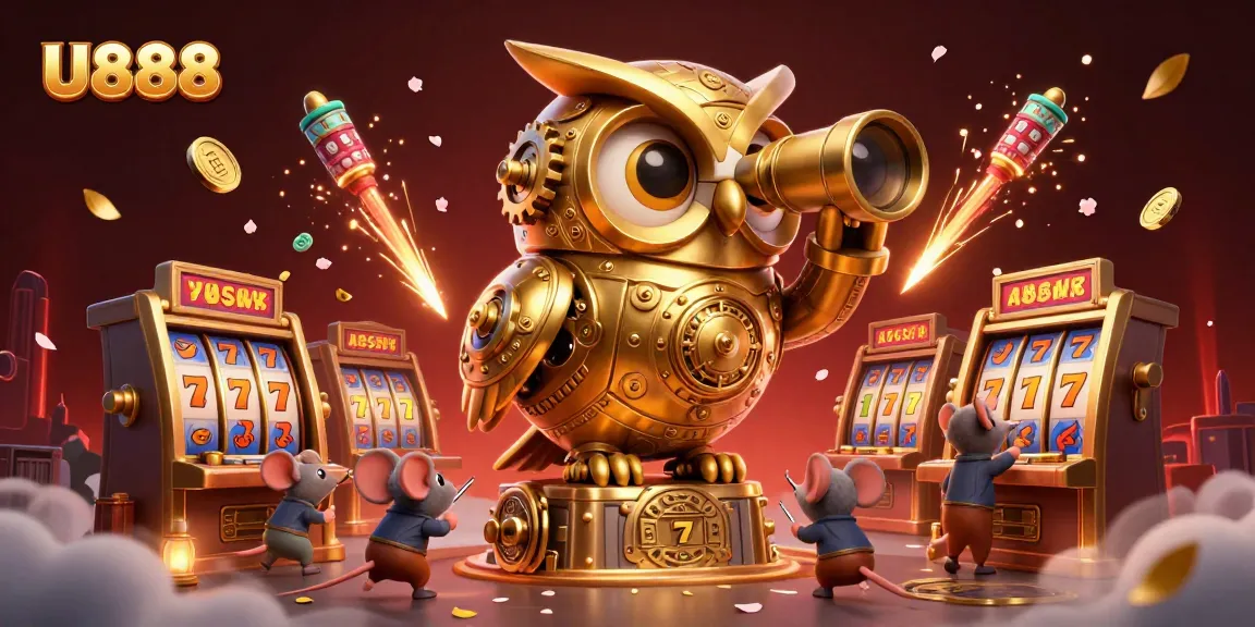 Experience the excitement of U888 with a vibrant casino scene featuring a golden owl and scurrying mice.