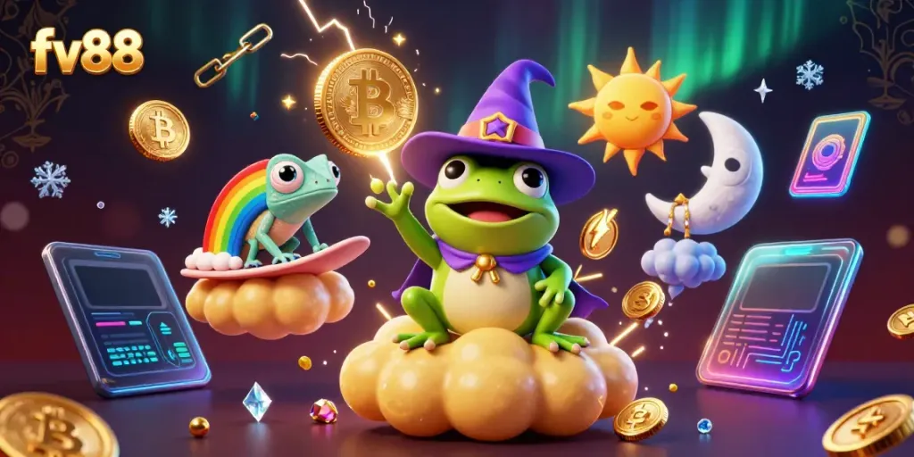 Experience the thrill at fv88 with a lively 3D scene filled with golden coins and vibrant characters.
