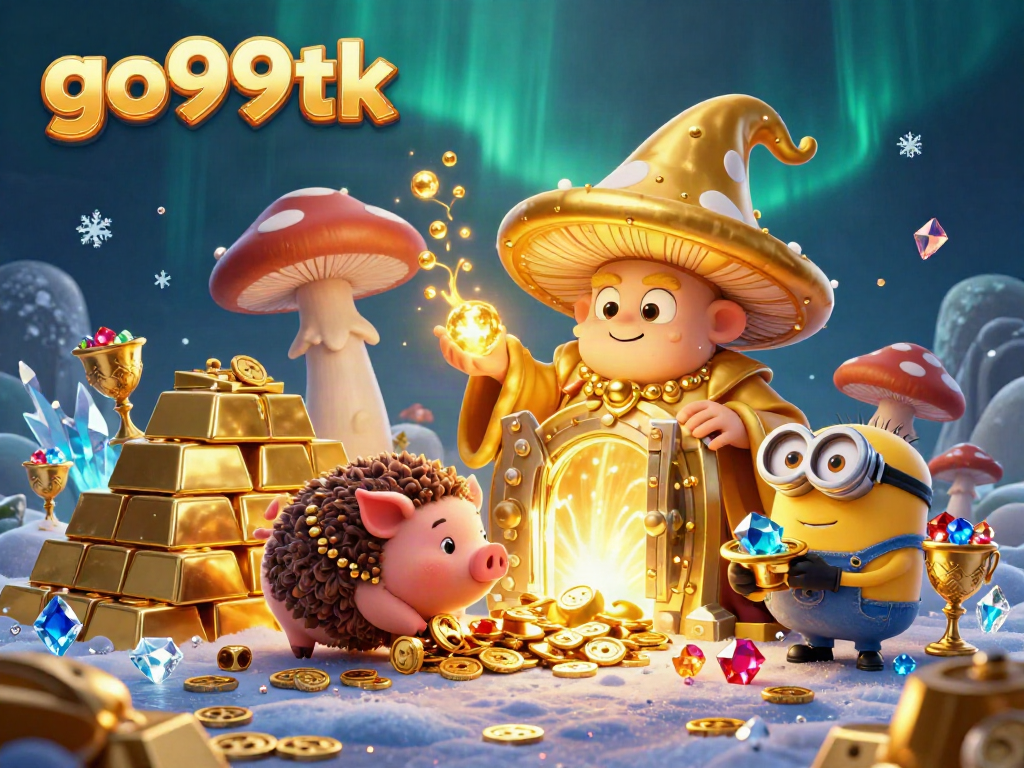 Experience the magic of go99tk as a golden mushroom wizard transforms treasures in a vibrant, animated casino scene.