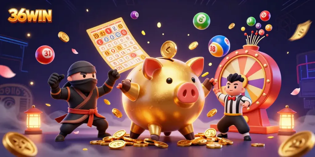 Experience the excitement at 36WIN with a vibrant 3D casino scene featuring a golden piggy bank sumo wrestler, ninja, and referee.