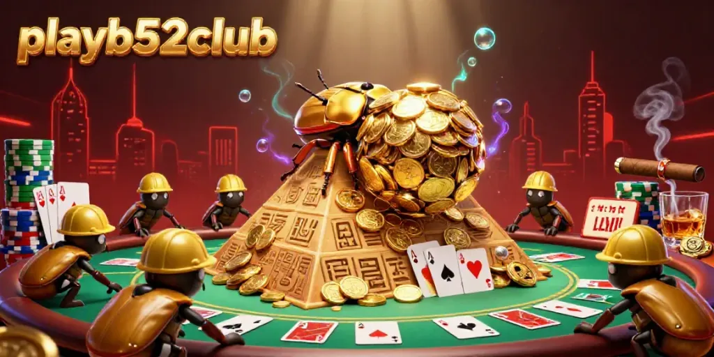 Experience playb52club casino excitement with vibrant characters rolling golden coins and poker elements.