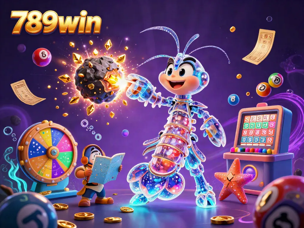 Experience the thrill of 789win as colorful lottery elements burst around a galactic mantis shrimp in action.