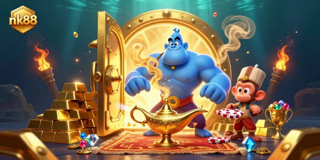 Join thrilling wins at nk88 with a genie, treasures, and poker excitement in this vibrant casino scene.