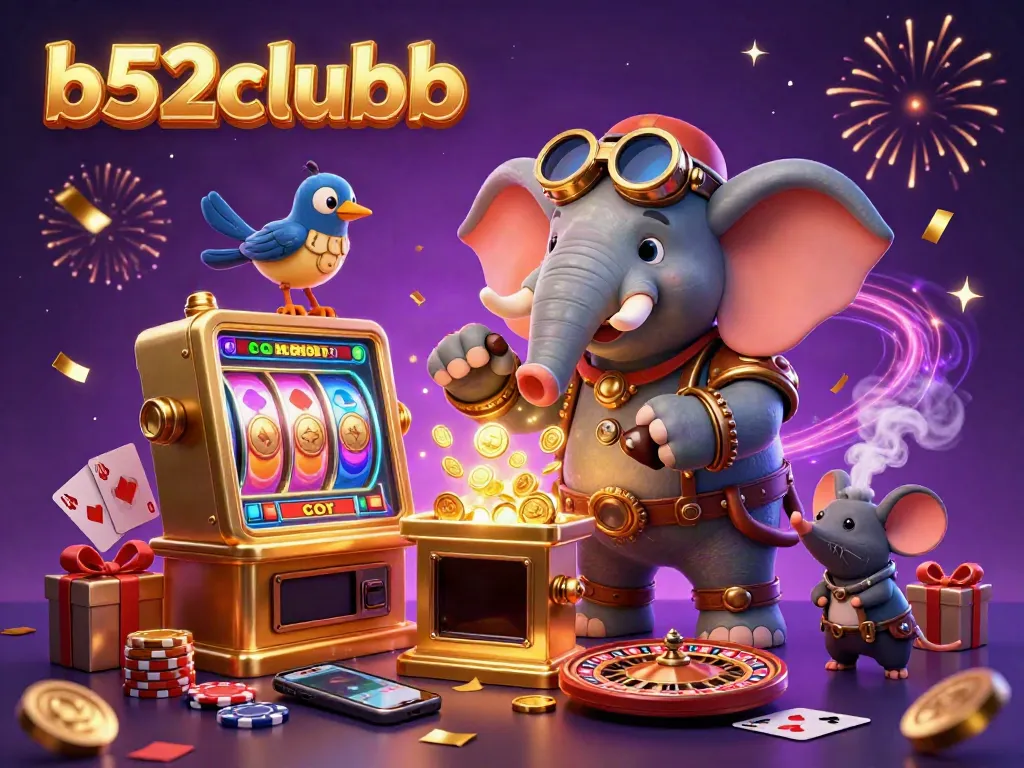 B52clubb's vibrant gaming scene features a steampunk elephant engineer and slot machine action.