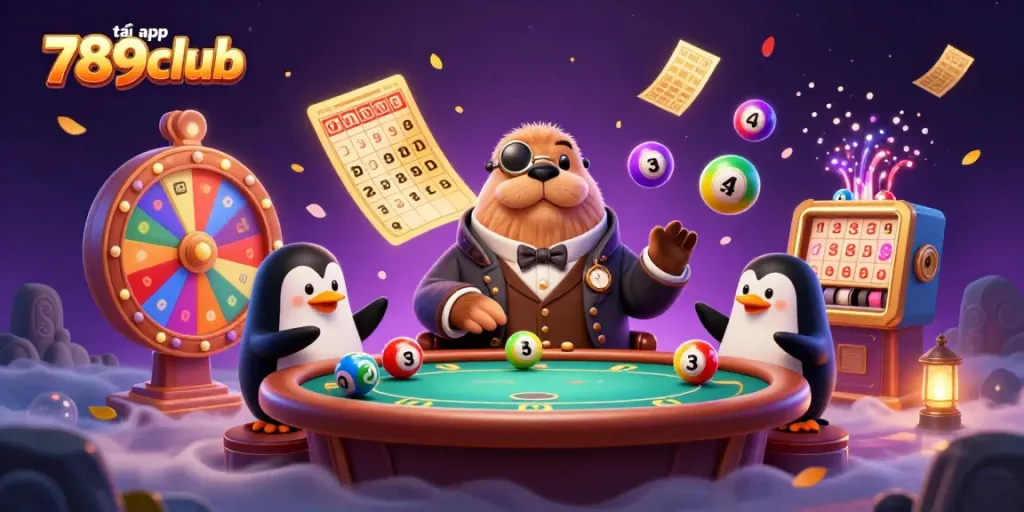 Immerse in the action of tải app 789club with a triumphant walrus character at a lively casino game.