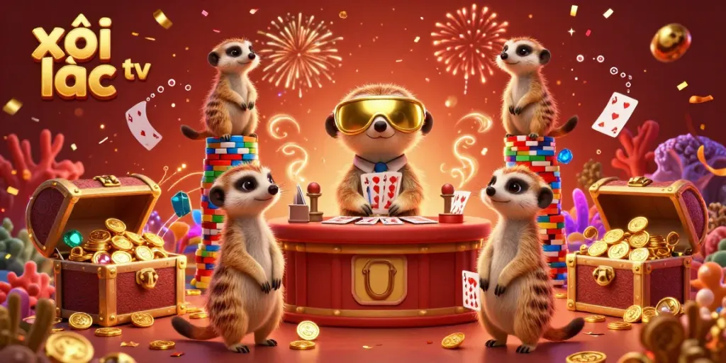 Witness the exciting casino world of xôi lạc tv with animated meerkats engaging in lively gaming and celebrations.