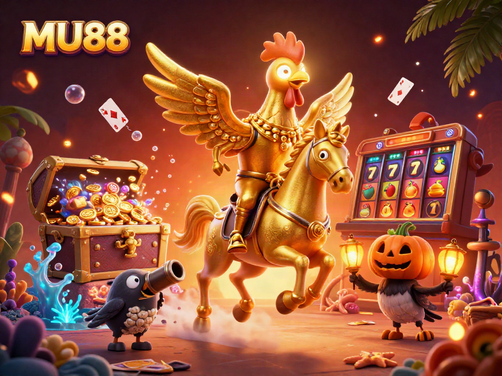 Experience thrilling gameplay at MU88 with a golden rooster in a vibrant casino scene.
