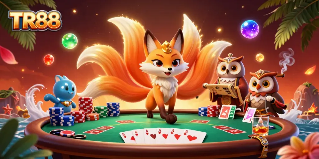 Experience TR88 as you immerse in a vibrant casino scene with a nine-tailed fox spirit and poker elements.