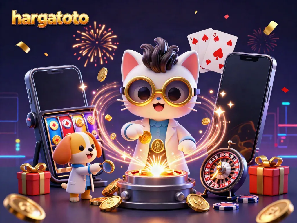 Hargatoto's vibrant online casino illustration featuring a mad scientist cat and lab assistant dog.