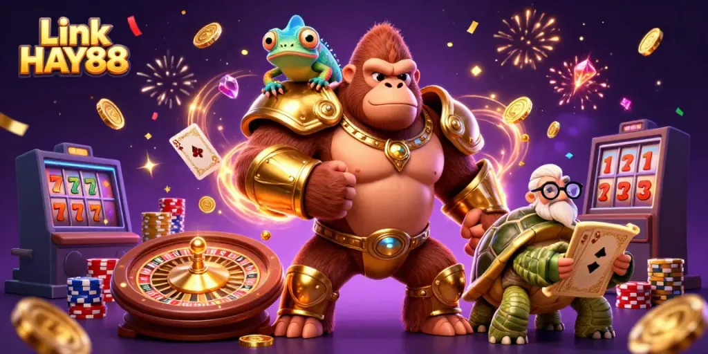 Experience the excitement of Link HAY88 with a gorilla king and his companions in a vibrant casino scene.