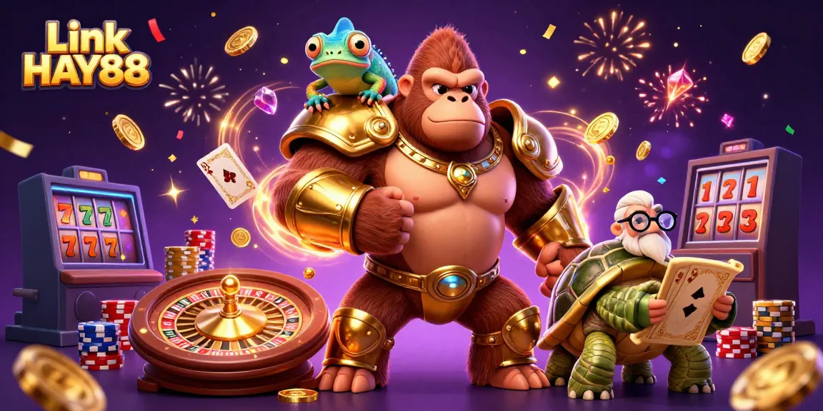 Experience the excitement of Link HAY88 with a gorilla king and his companions in a vibrant casino scene.