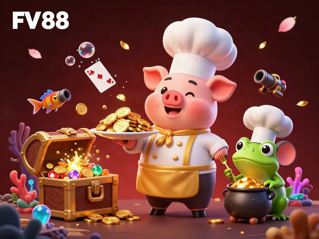Experience the lively world of FV 88, where a chef pig serves golden rewards amid vibrant casino elements.