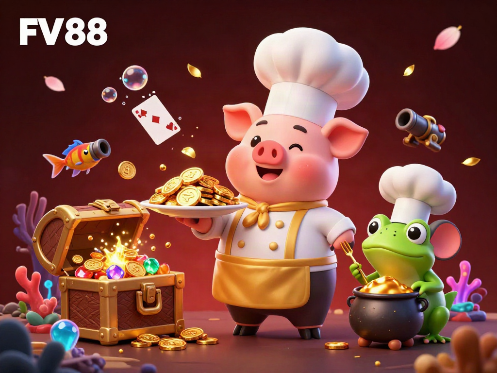 Experience the lively world of FV 88, where a chef pig serves golden rewards amid vibrant casino elements.