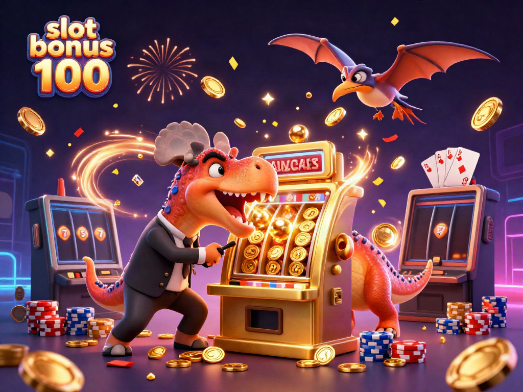Experience excitement with slot bonus 100 as a pachycephalosaurus wins coins at a casino!