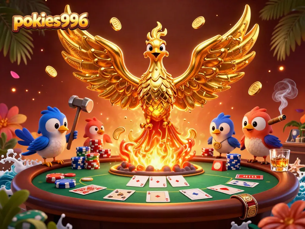 Experience the excitement of pokies996 with golden phoenix amidst vibrant poker elements.