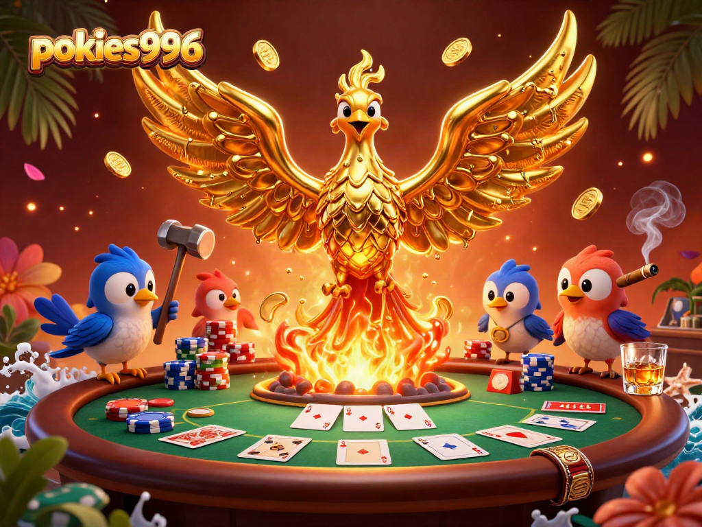 Experience the excitement of pokies996 with golden phoenix amidst vibrant poker elements.