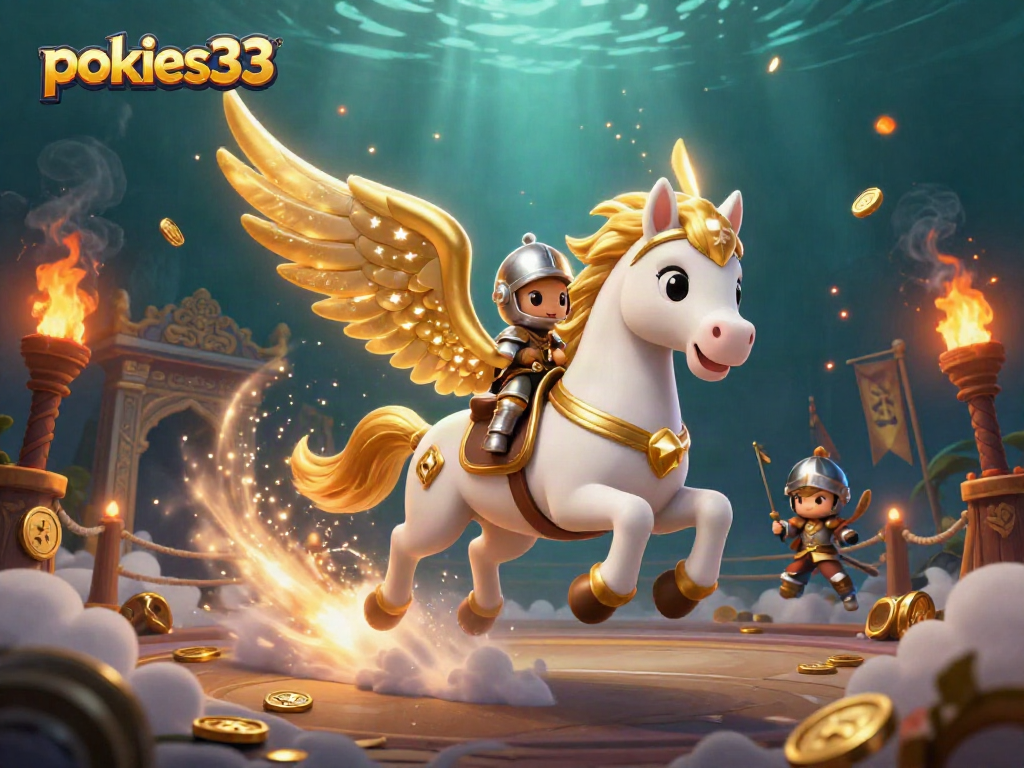 Experience the thrill of pokies33 with a magical celestial horse and knight illustration amidst dynamic gambling elements.