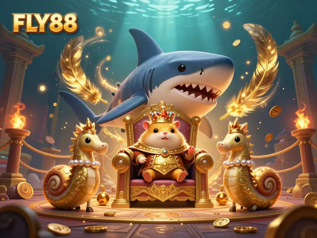 Engage in thrilling gaming with the vibrant scene of FLY88, featuring a tiny golden hamster king and rich casino elements.