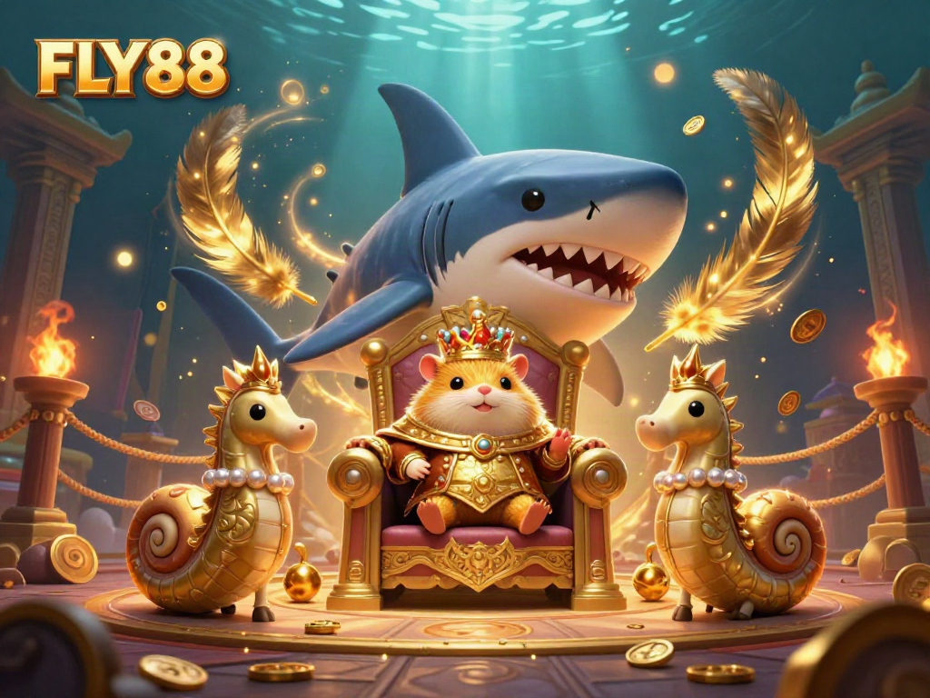 Engage in thrilling gaming with the vibrant scene of FLY88, featuring a tiny golden hamster king and rich casino elements.