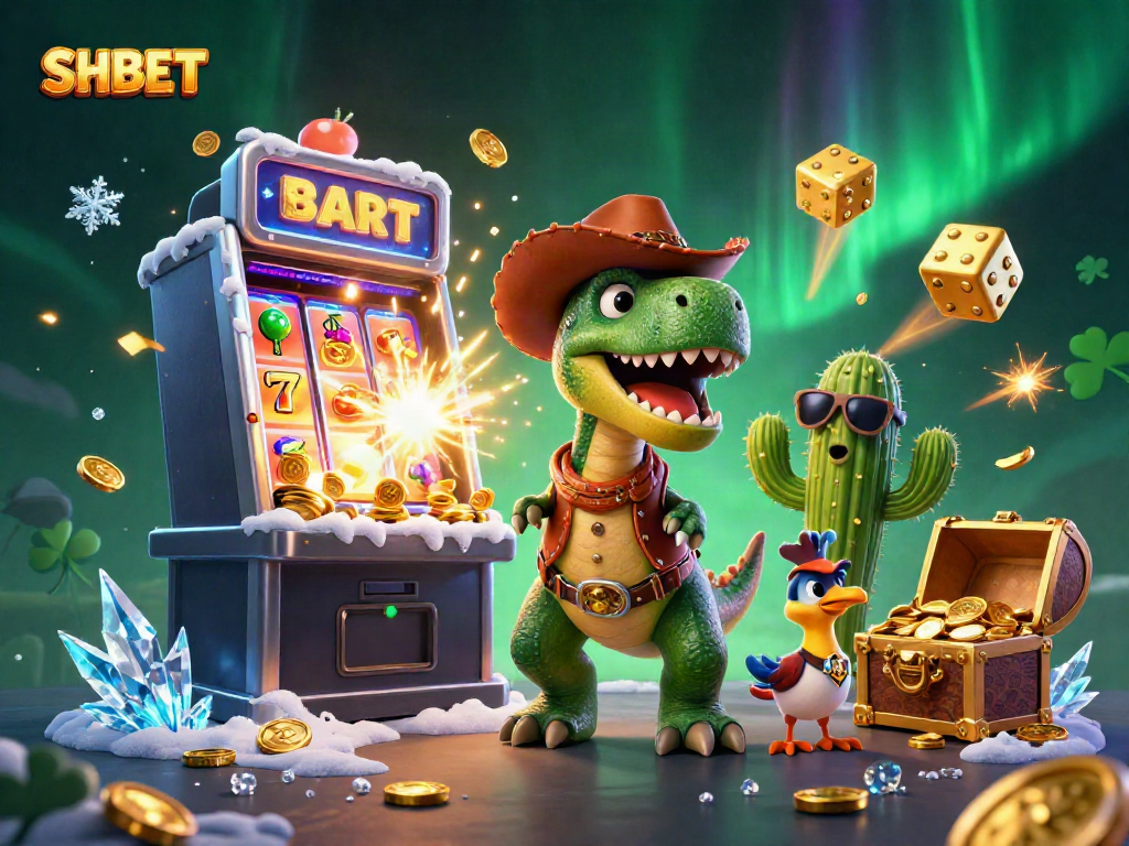 SHBET dynamic slot machine scene featuring a T-Rex cowboy, cactus, and roadrunner with casino excitement.