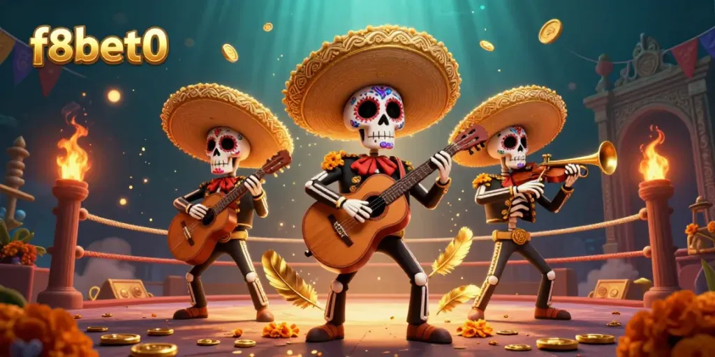 Experience thrills with f8bet0's exciting gaming atmosphere featuring a mariachi band and dynamic casino elements.